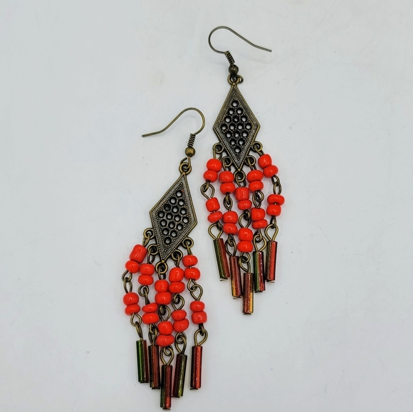 Vintage Jewelry - Handmade Czech Glass Beaded Brass Chandelier Earrings Vintage, 3.5"